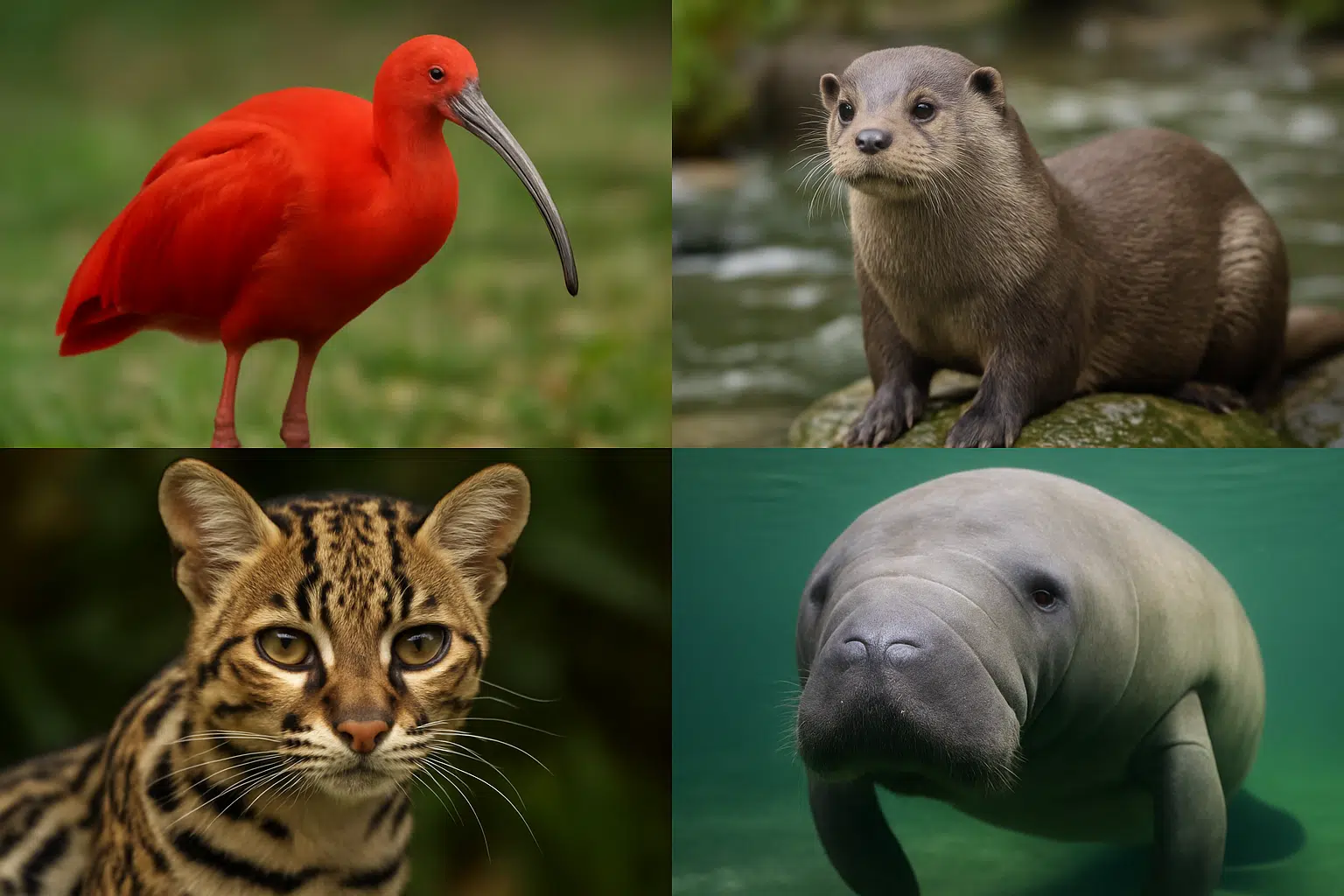 Paraíso brasileiro é reconhecido como Patrimônio Mundial da UNESCO 6 Colagem de quatro animais brasileiros: guará, ariranha, jaguatirica e peixe-boi.