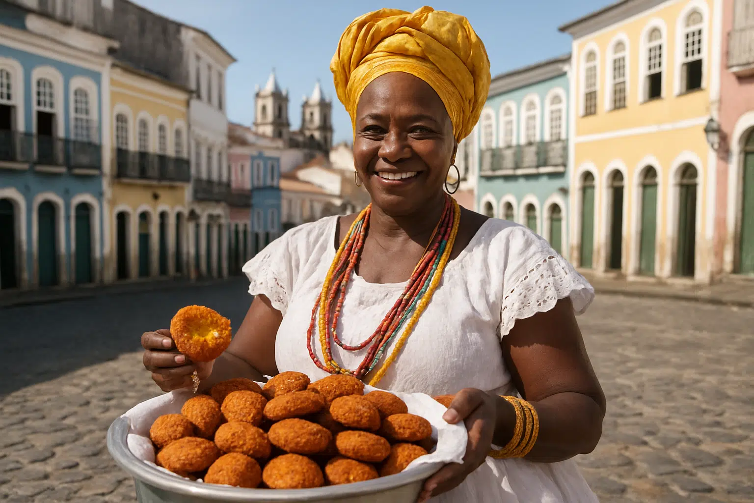 Carnaval na Bahia 2026: onde encontrar os acarajés mais famosos de Salvador 6 Mulher sorridente com turbante amarelo segura uma bandeja de acarajés em rua histórica.