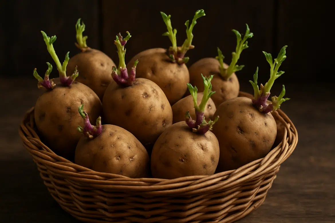 Batatas brotadas em cesto de vime