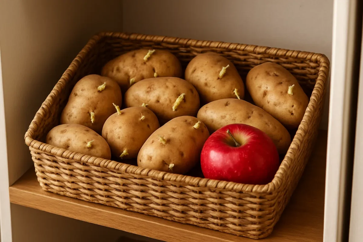Por que você deve colocar uma maçã junto com as batatas? O motivo vai te surpreender 6 Cesta de batatas brotando com uma maçã vermelha