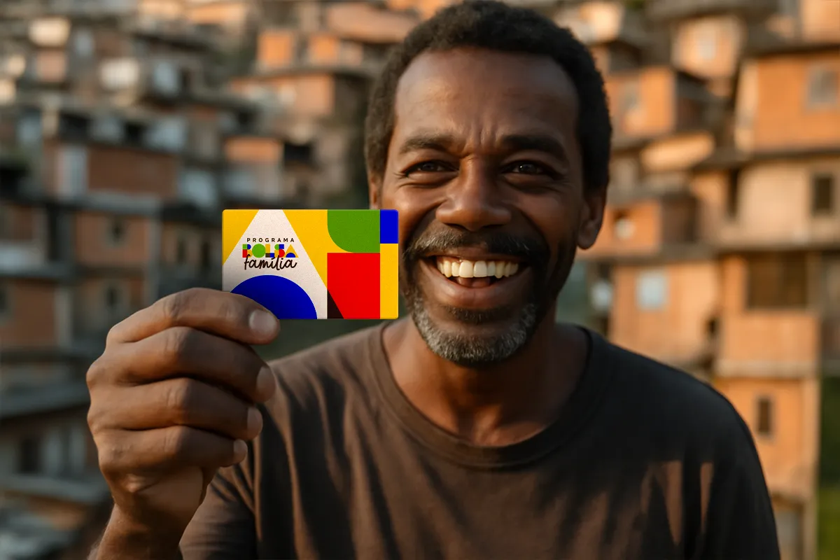 Quem recebe o Bolsa Família de fevereiro nos próximos dias? 6 Homem segura cartão do Bolsa Família e sorri, com favela ao fundo