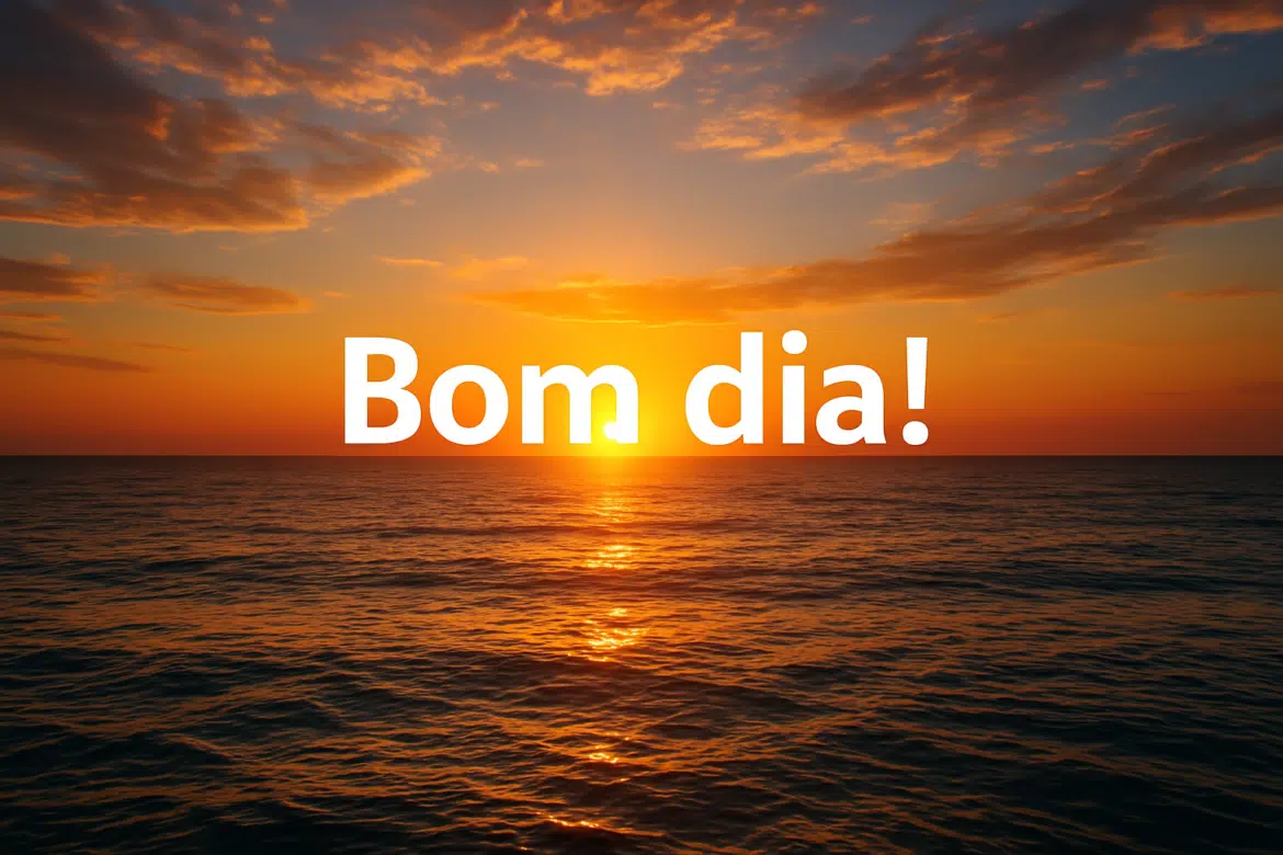 Sol nascendo sobre o mar com céu alaranjado e a frase Bom dia em destaque