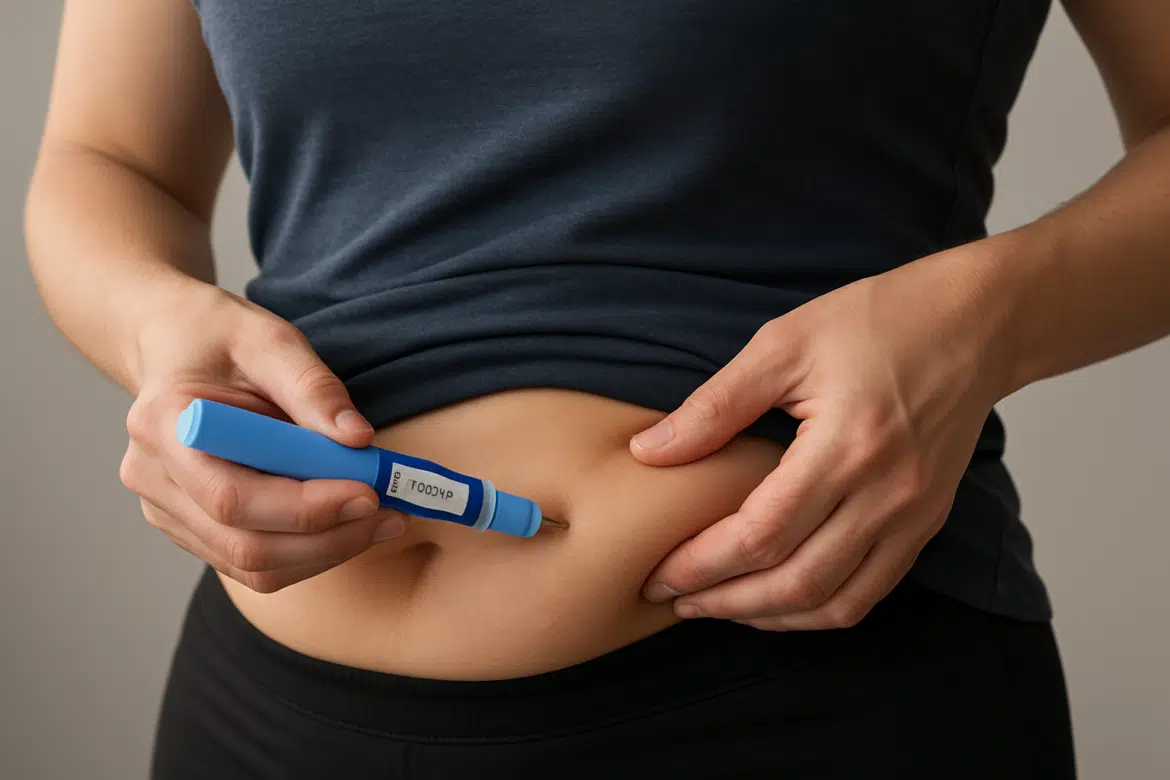 Pessoa aplicando injeção subcutânea no abdômen.