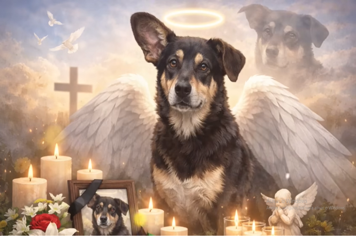 Cachorro com asas e auréola cercado por velas, flores e foto em clima celestial