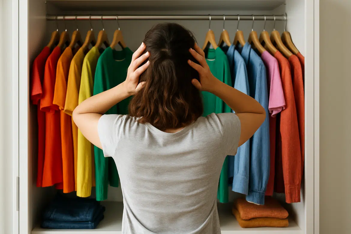 Pessoa indecisa em frente a armário organizado por cores
