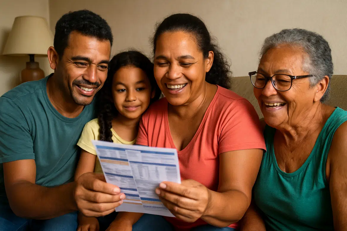 Família sorrindo enquanto olha um documento juntos no sofá