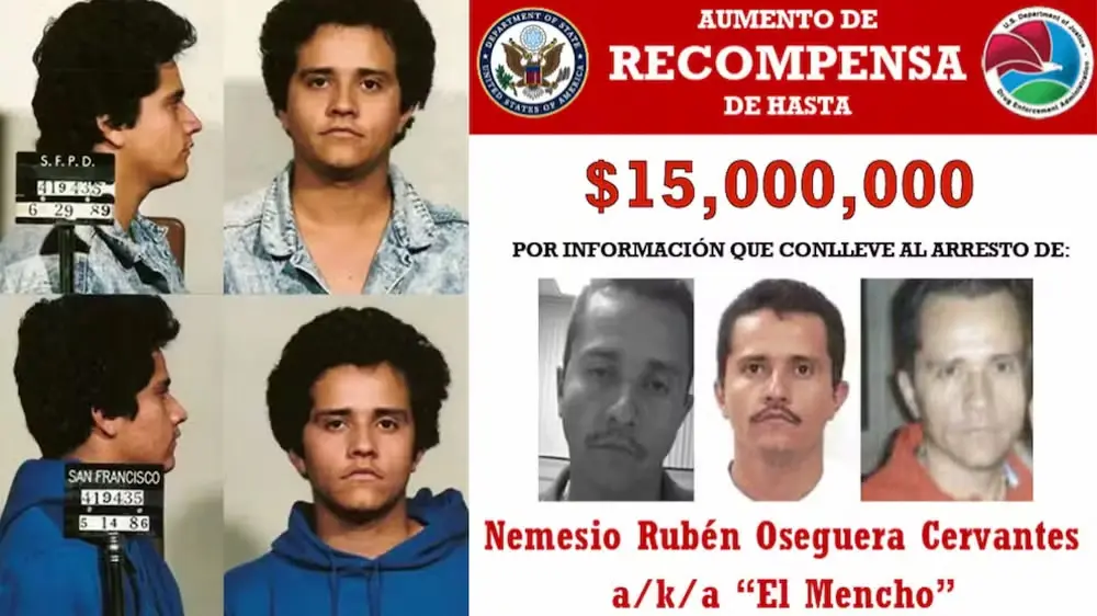 Operação no México que matou El Mencho: o que aconteceu e como foi planejada 6 Cartaz de procurado mostrando recompensa milionária oferecida pelos Estados Unidos por pistas sobre o paradeiro de El Mencho.