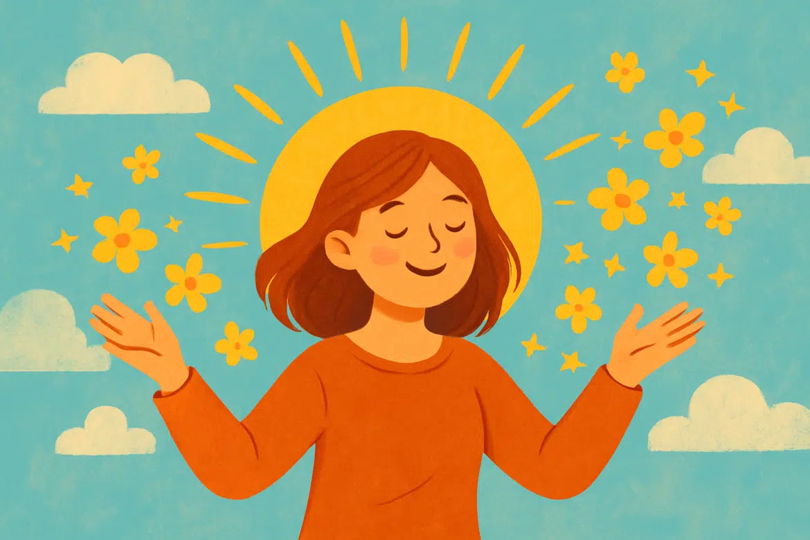 Ilustração de mulher sorrindo com flores e raios de sol ao fundo