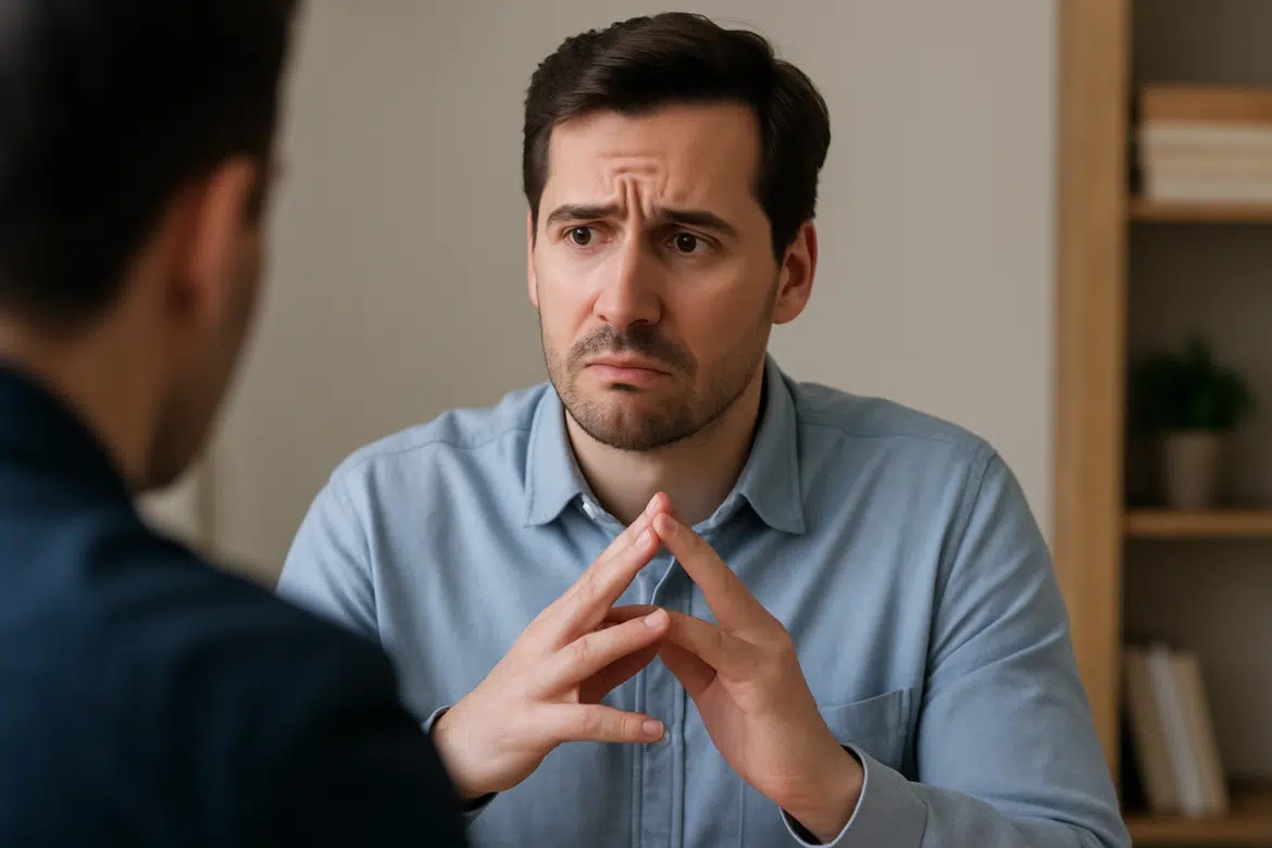 Homem preocupado conversando com outra pessoa