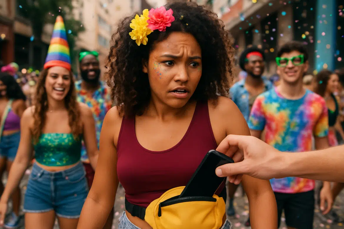 Mulher preocupada com alguém tentando pegar seu celular da pochete durante um carnaval de rua