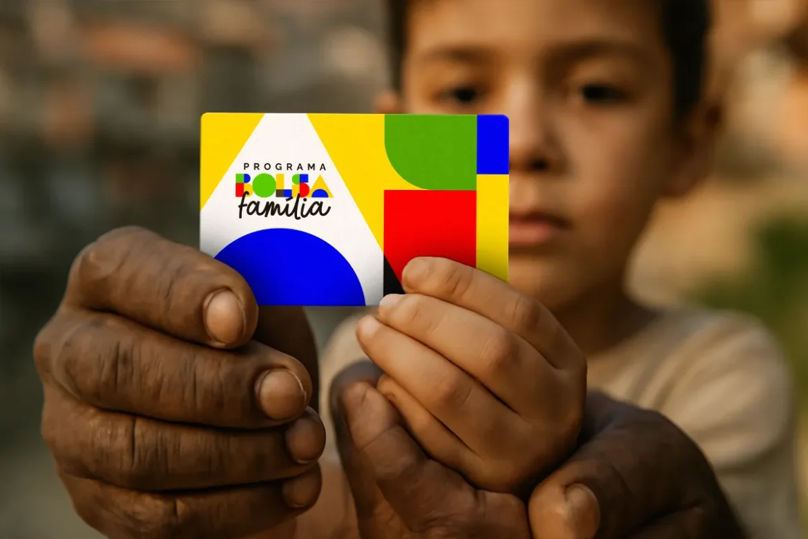 Criança e adulto segurando juntos cartão colorido do Bolsa Família em destaque