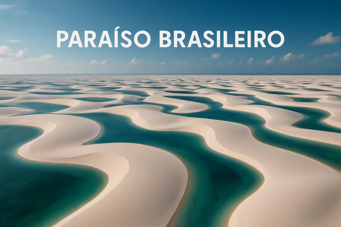 Dunas de areia branca e lagoas azuis nos Lençóis Maranhenses, com texto 'Paraíso Brasileiro'.