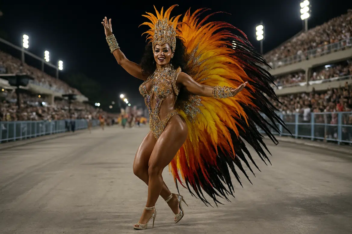 Passista de samba com fantasia de plumas coloridas desfilando no Carnaval.