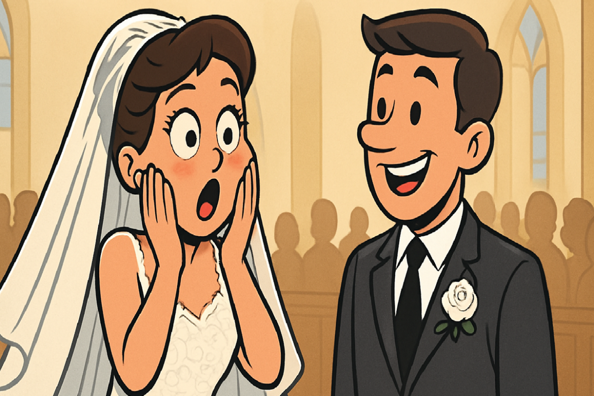 Imagem da noiva surpresa com o traje do noivo no casamento