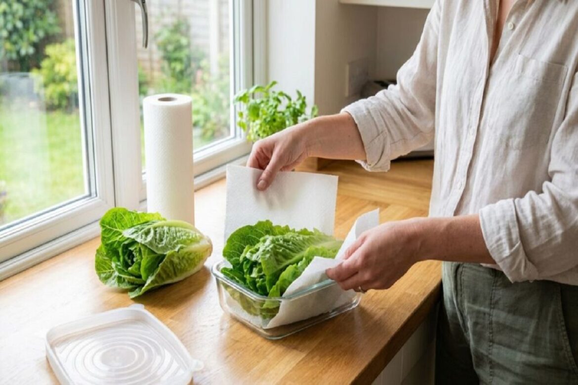 Pessoa colocando papel-toalha entre folhas de alface em pote de vidro na cozinha