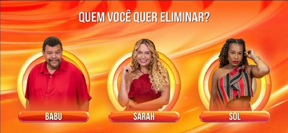 ENQUETE: Quem é o preferido para ganhar o BBB 26? Vote agora 6 Três participantes do BBB 26 em painel de eliminação, cada um com nome destacado