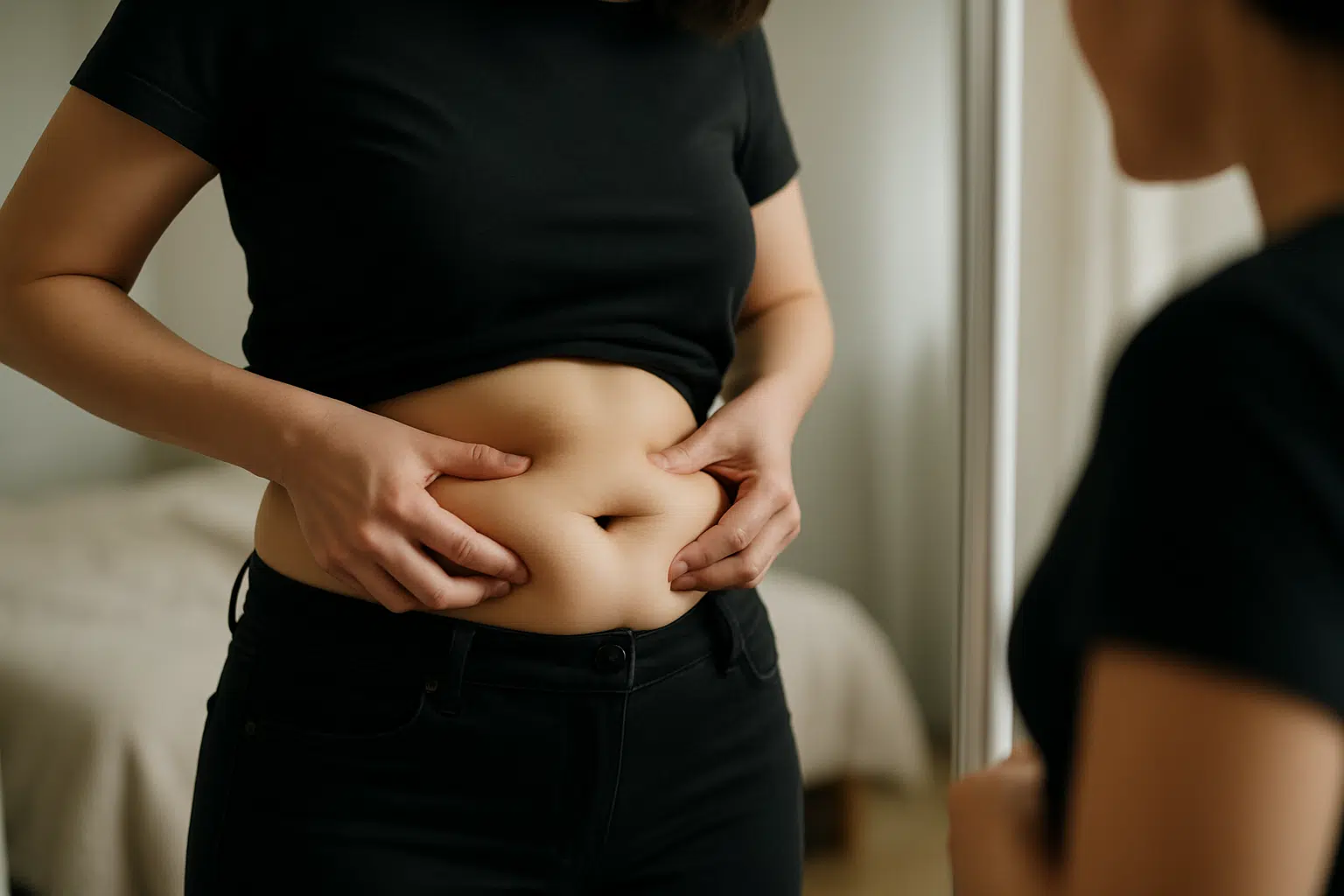 Canetas emagrecedores estão matando pessoas no Brasil? Entenda investigação da Anvisa 6 Mulher incomodada com seu corpo, olhando para o espelho.