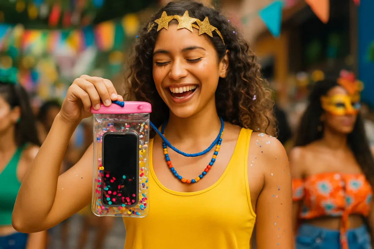 Cuidado com o celular no Carnaval: siga essas dicas para proteger seu aparelho 6 Mulher sorridente segurando celular em capa protetora durante carnaval de rua