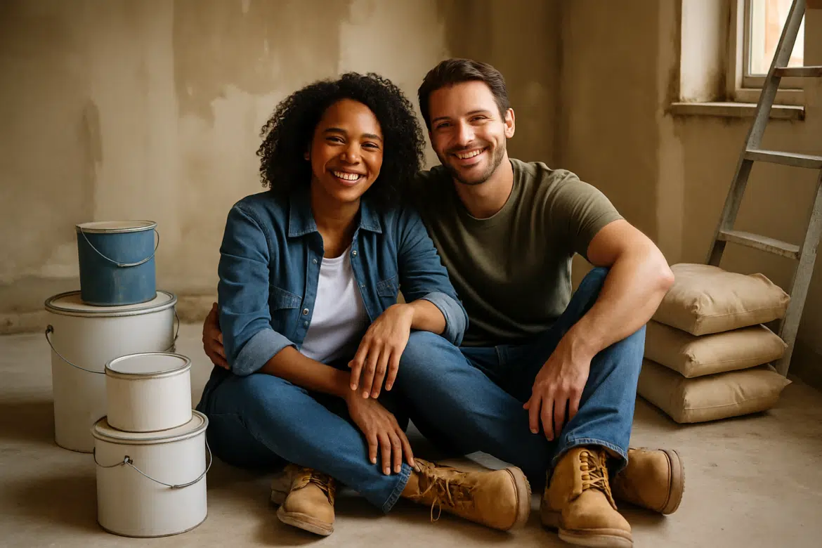 Casal sorridente sentado no chão de um cômodo durante reforma.