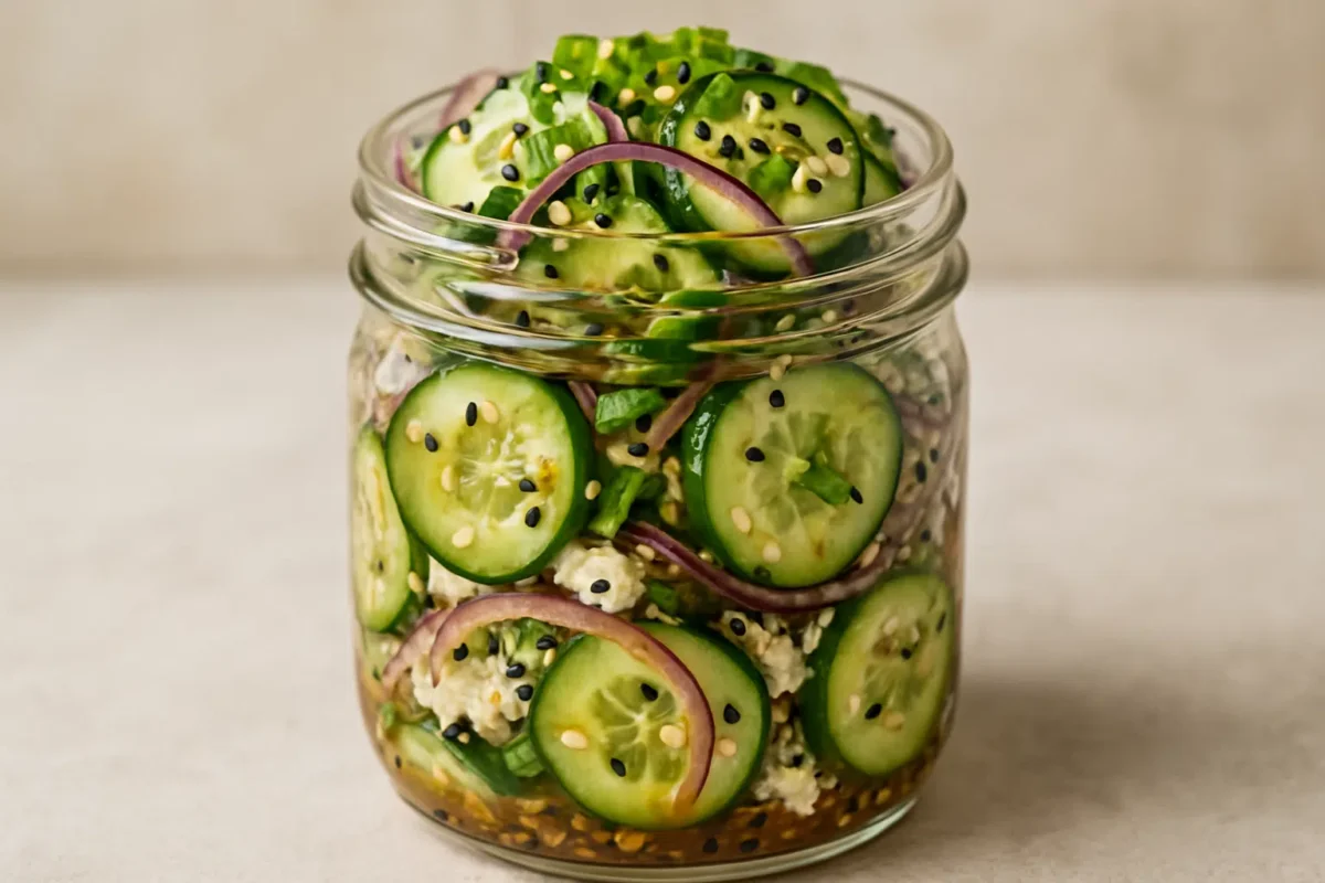 Salada de pepino no pote: receita viral do TikTok 6 Salada de pepino fatiado com cebola roxa, gergelim e queijo em pote de vidro