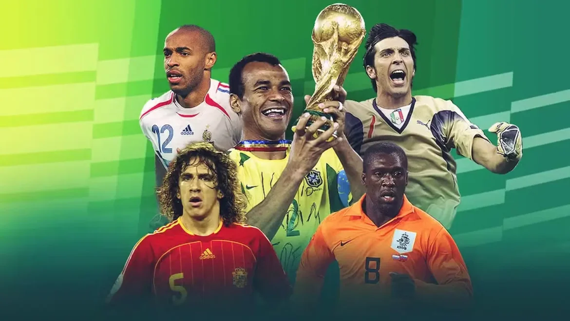 Imagem representando lendas do futebol como Zico, Romário, Seedorf, e outras estrelas de seleções, com destaque para a Copa do Mundo de Lendas no Brasil.