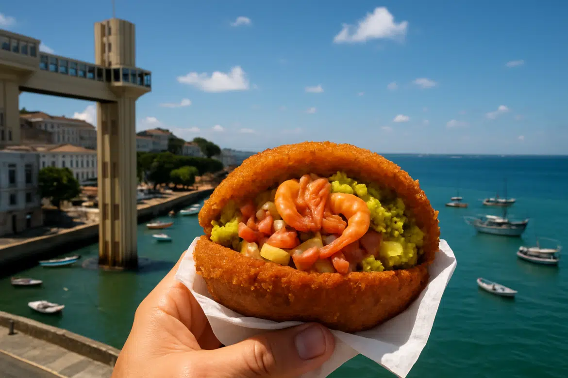 Acarajé com camarão sendo segurado com o Elevador Lacerda e o mar ao fundo