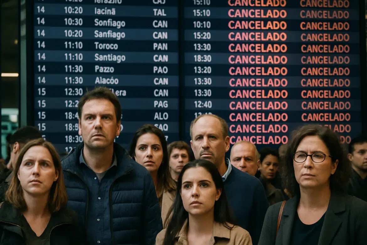 Pessoas preocupadas em frente a painel de voos cancelados em aeroporto