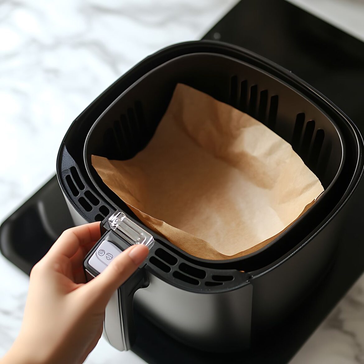 Uma mão feminina segura a alça de uma air fryer preta aberta, revelando um pedaço de papel antiaderente pardo cobrindo o fundo do cesto sobre uma bancada de mármore.