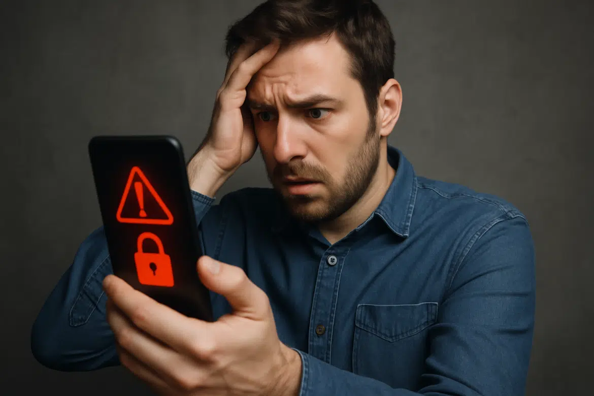 Homem surpreso segura celular com alerta vermelho de segurança na tela