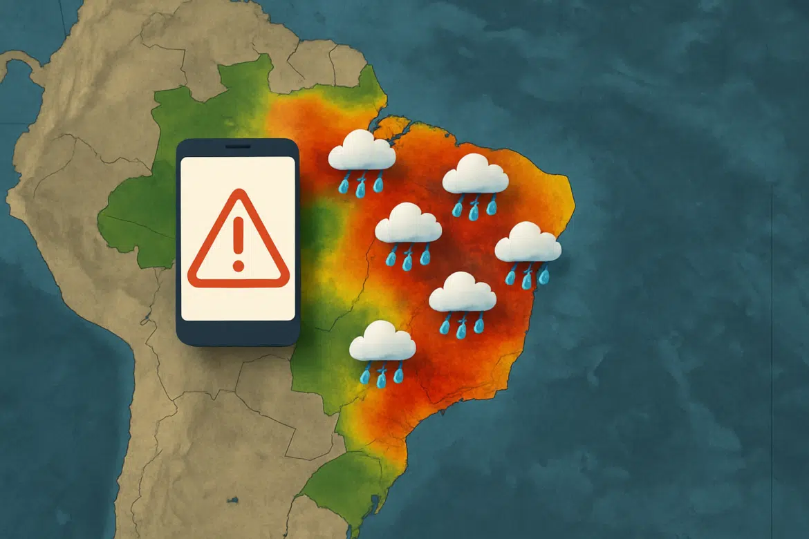 Celular com alerta e nuvens de chuva sobre mapa do Brasil colorido destacando áreas afetadas