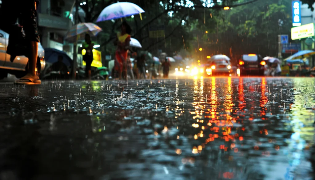 4 estados brasileiros têm alertas de chuvas intensas e risco de temporais; confira previsão do tempo 6 Cenas de chuva intensa e reflexos em ruas alagadas, com áreas do Rio de Janeiro, Minas Gerais e Espírito Santo sob alerta para chuvas volumosas.