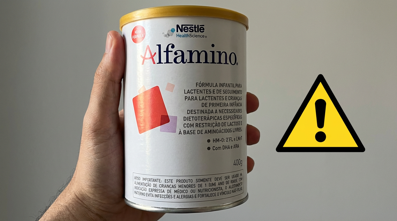 Atenção, papais e mamães! Fórmula infantil da Nestlé é suspensa pela Anvisa; entenda o motivo 6 Mão segurando lata de fórmula infantil Alfamino ao lado de sinal amarelo de aviso