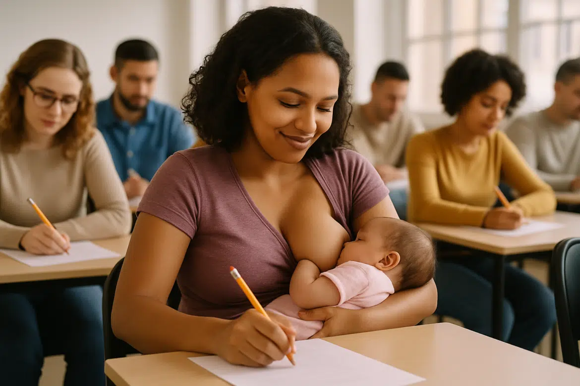 Mulher amamenta bebê no colo enquanto preenche folha de respostas em sala de concurso