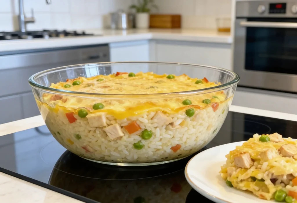 Sobrou churrasco ou frango? A receita de 10 minutos que transforma sobras em um prato de luxo 6 Arroz de forno cremoso com frango, legumes e queijo, ideal para aproveitar sobras do churrasco ou frango.