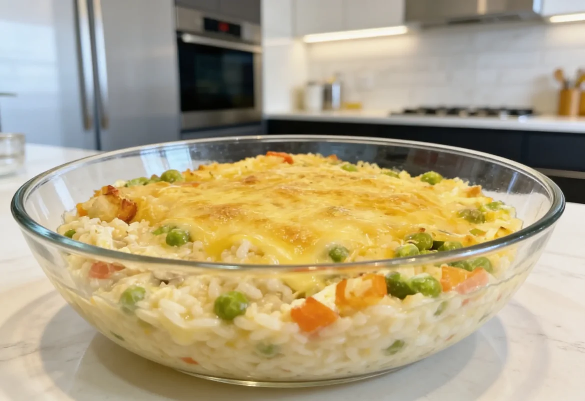 Arroz de forno cremoso com legumes e queijo, ideal para aproveitar sobras de churrasco ou frango.