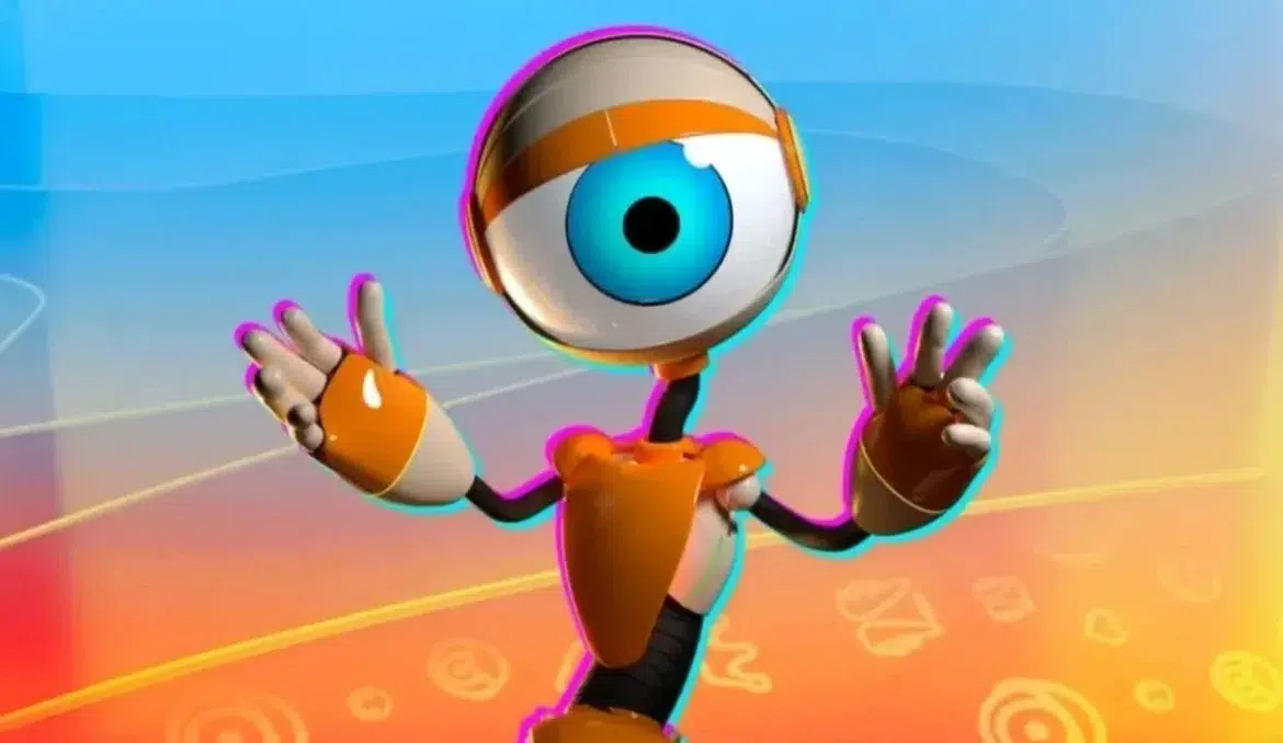 Robô com um grande olho azul faz gesto de mãos abertas em fundo colorido