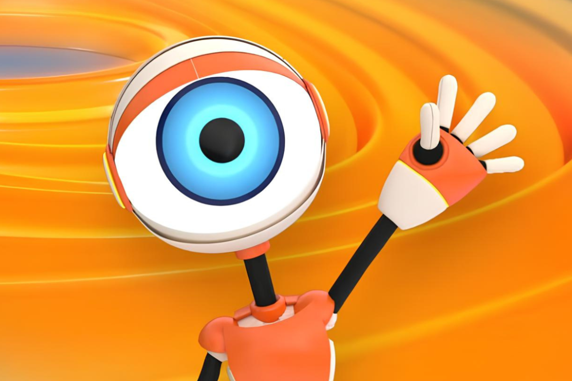 Robô com formato de olho azul levanta a mão em saudação sobre fundo laranja abstrato