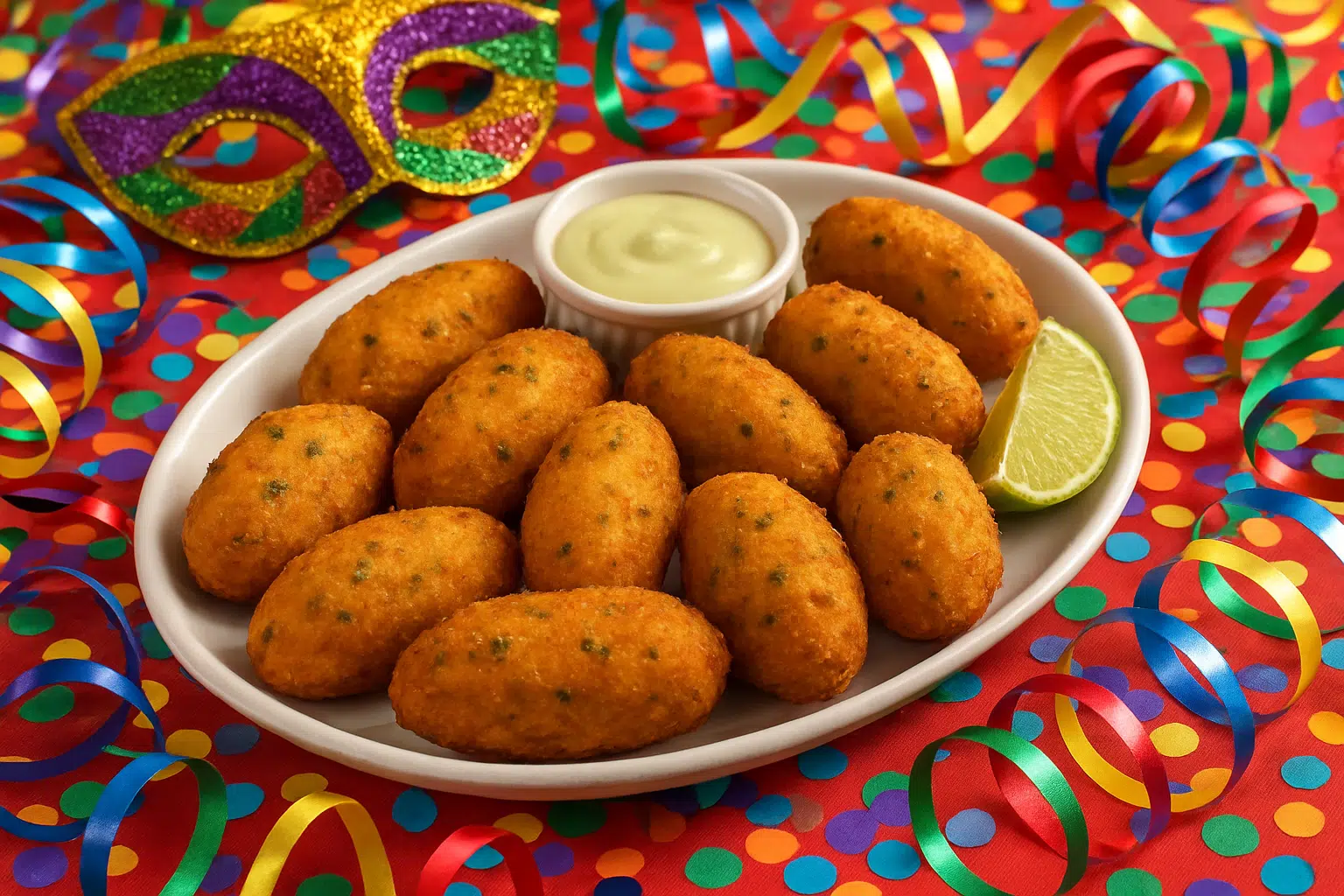 Receitas para o Carnaval: ideias deliciosas e fáceis para celebrar a folia em casa 7 Prato de bolinhos de bacalhau com molho e limão decorado para Carnaval