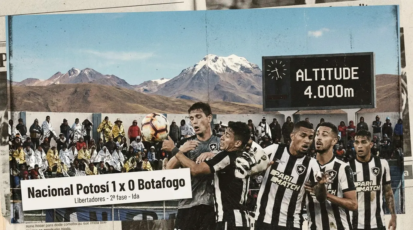 Zebra na Champions e pressão na altitude: O resumo da rodada que abalou gigantes 6 Atletas do Botafogo disputando bola aérea com montanhas e placar mostrando altitude ao fundo.