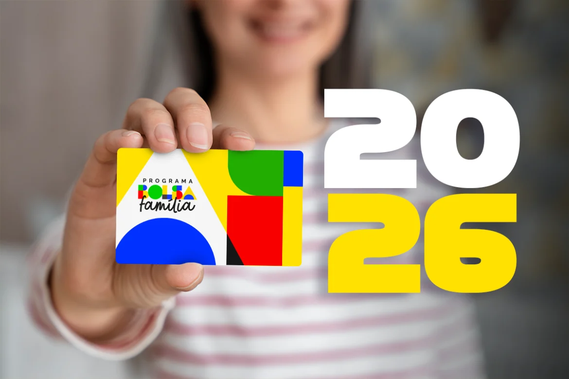 Cartão do programa Bolsa Família com design colorido, representando o calendário de março de 2026.