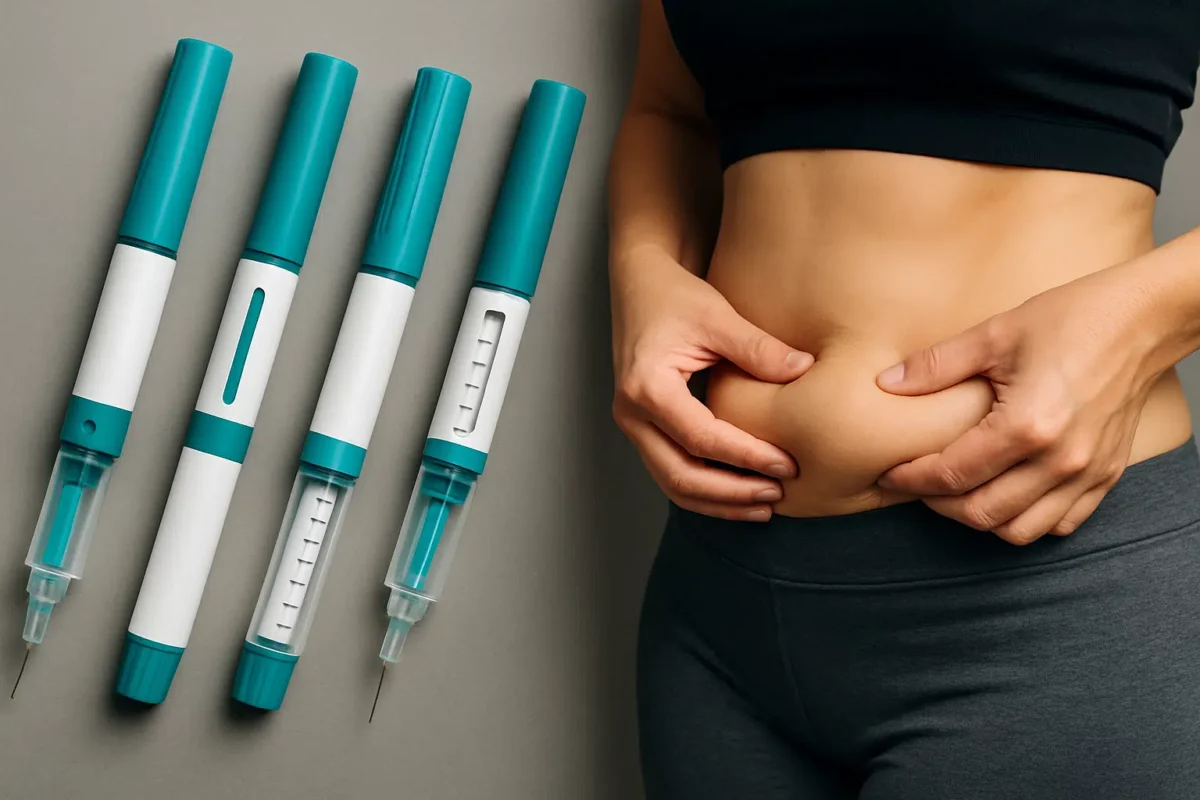 Anvisa emite alerta sobre canetas emagrecedoras após casos suspeitos de pancreatite 6 Canetas de aplicação de medicamento para emagrecimento ao lado de pessoa apertando a pele do abdômen