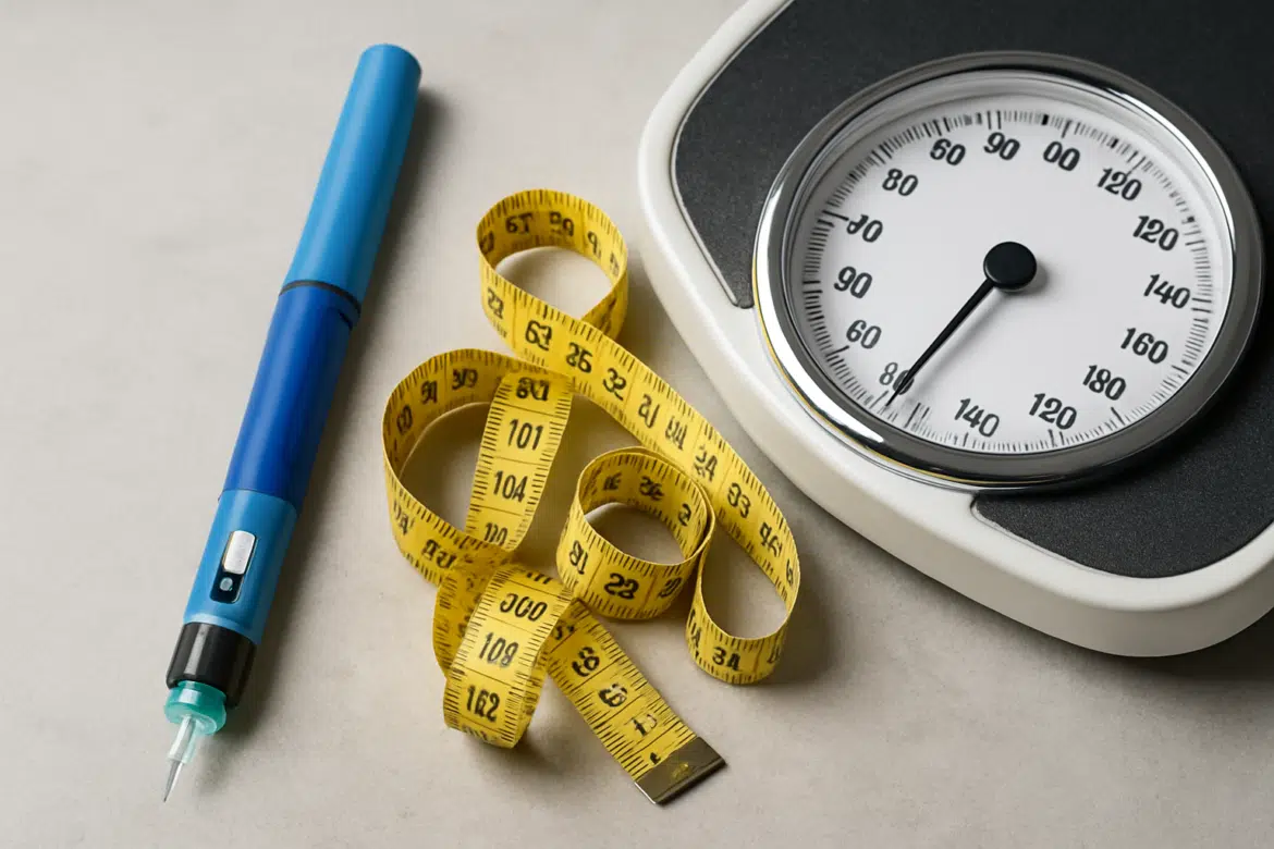 Caneta de aplicação, fita métrica amarela e balança de banheiro
