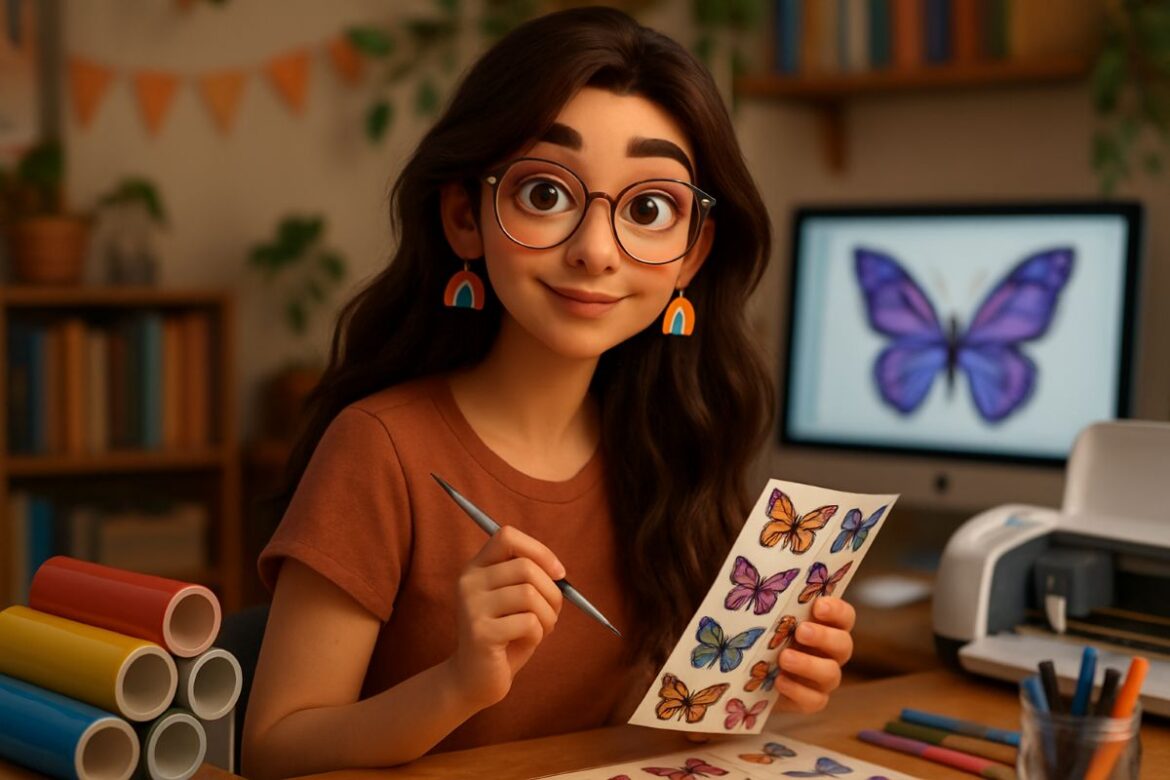 Ilustração digital de uma jovem com óculos redondos e brincos de arco-íris, segurando materiais de arte em um escritório criativo, exemplificando uma caricatura feita por IA.