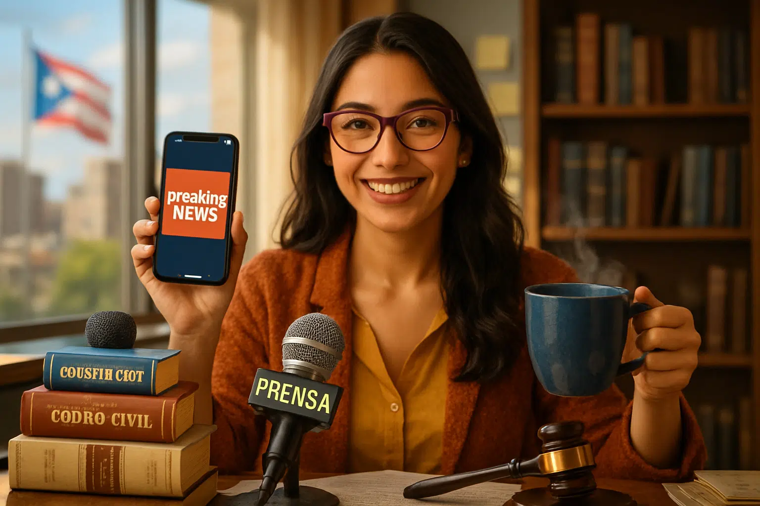 Trend do momento: aprenda a fazer sua caricatura usando o ChatGPT 6 Jornalista sorrindo segura celular com mensagem de breaking news e uma caneca, microfone e livros ao fundo