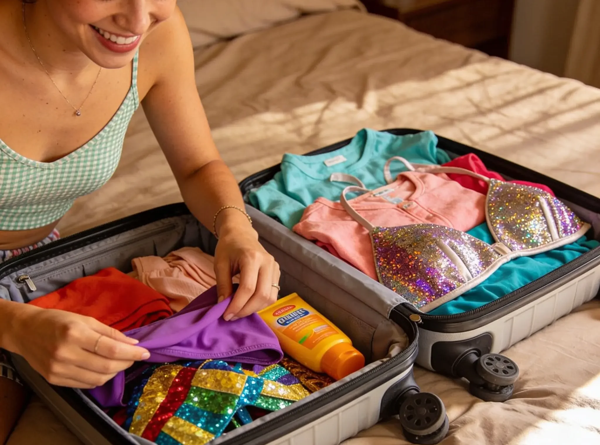 Checklist de Malas: O que não pode faltar na bagagem para o feriadão de Carnaval 6 Pessoa organizando a mala para o Carnaval com roupas coloridas, biquínis brilhantes, protetor solar e fantasias.