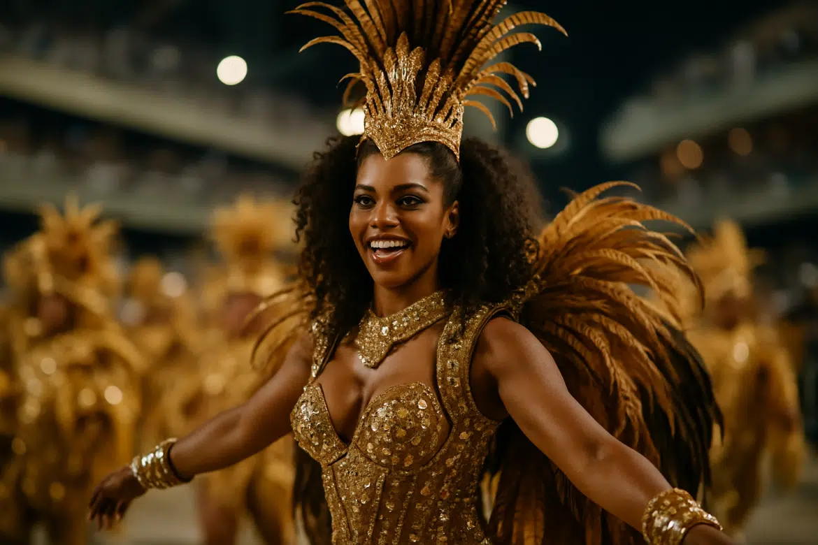 Passista de escola de samba durante desfile no Carnaval de São Paulo 2026