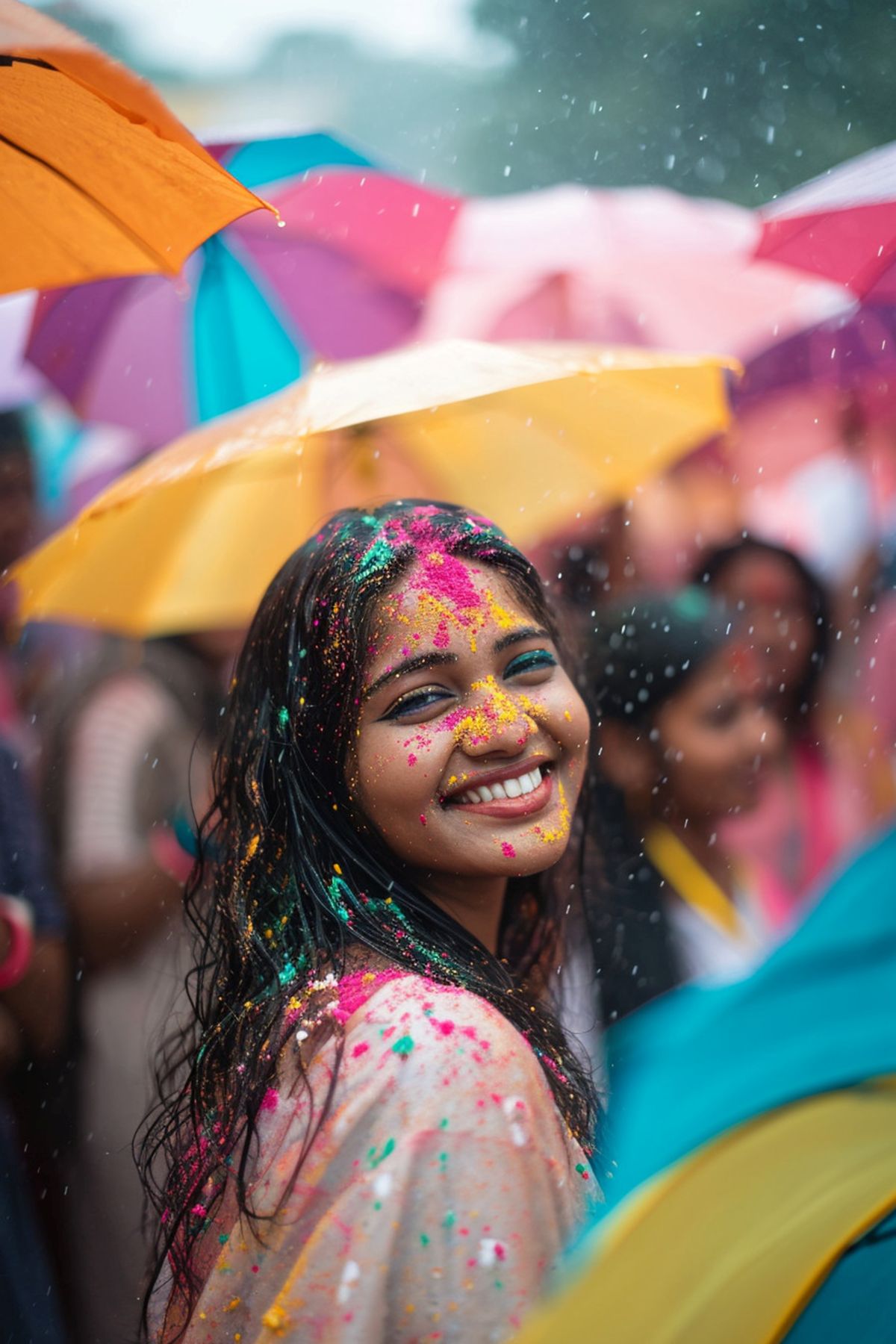 Vai chover no Carnaval? Confira a previsão do tempo para esse fim de semana 6 Uma mulher jovem sorri alegremente, com o rosto e cabelo cobertos por tintas coloridas, sob uma chuva leve, com guarda-chuvas coloridos desfocados ao fundo.