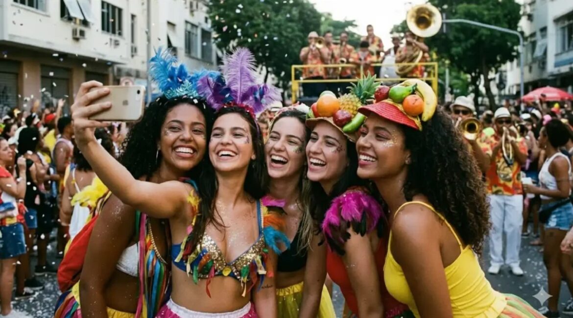 Cinco mulheres sorrindo, fantasiadas, tiram selfie durante bloco de rua no Carnaval 2026