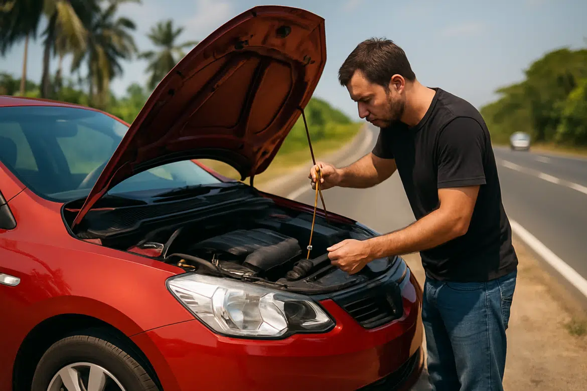 Homem verifica o nível de óleo do motor com vareta ao lado de carro vermelho parado na estrada
