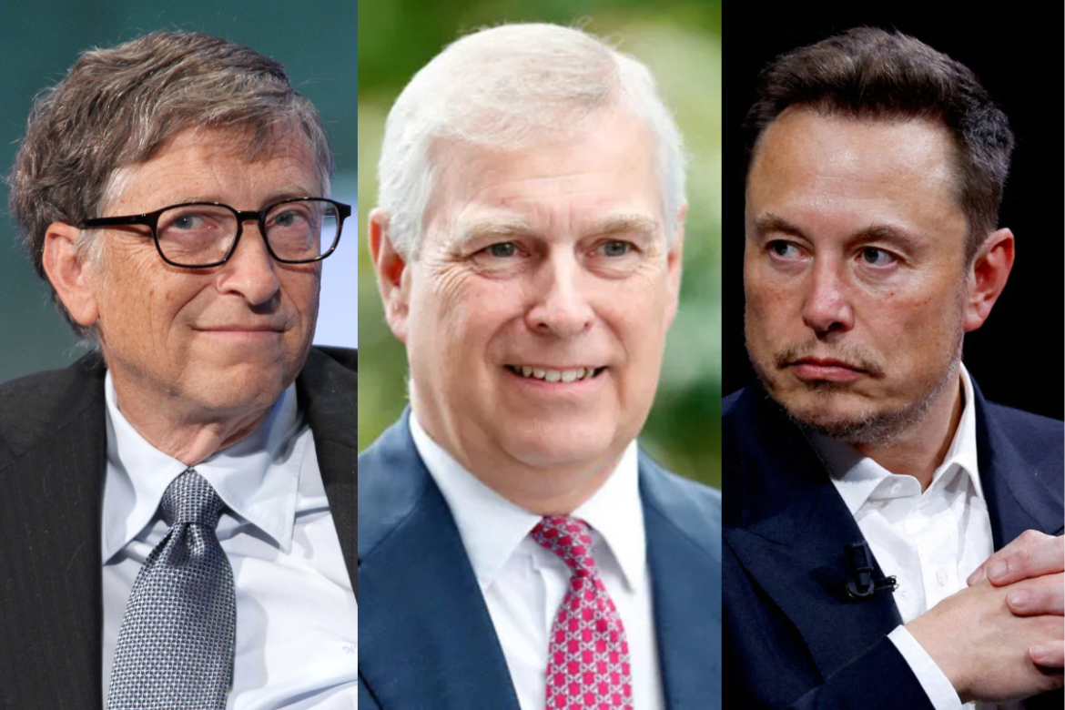 Montagem com três retratos individuais lado a lado: à esquerda, o empresário Bill Gates usando óculos; ao centro, o Príncipe Andrew sorrindo; e à direita, o empresário Elon Musk com expressão séria.